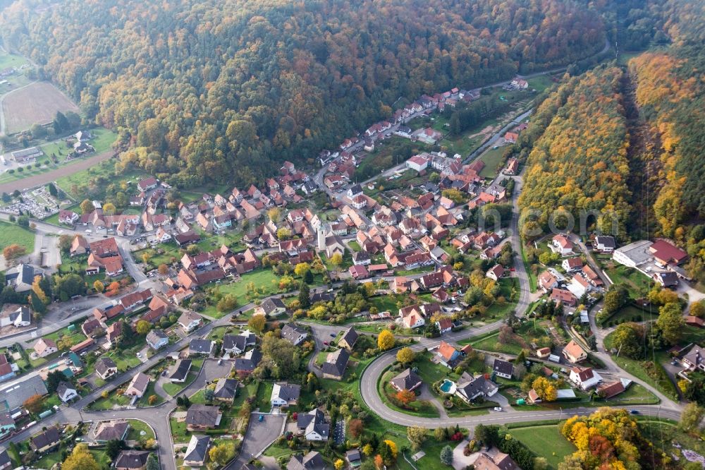 Rothbach from above - Village - view on the edge of agricultural fields and farmland in Rothbach in Grand Est, France