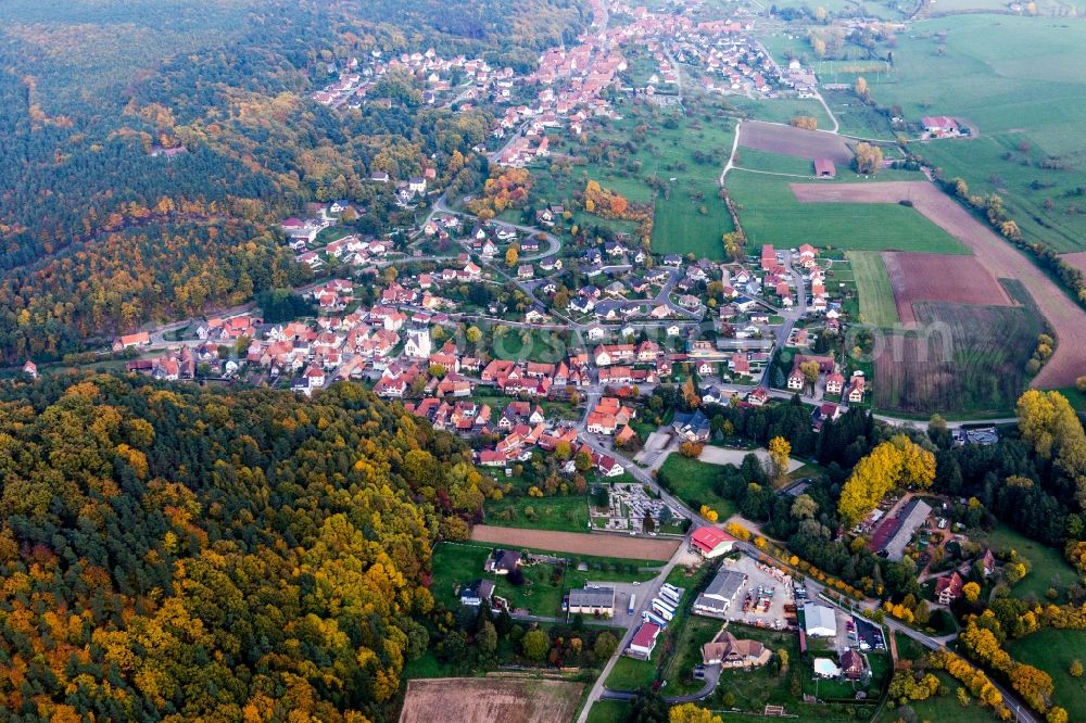 Rothbach from the bird's eye view: Village - view on the edge of agricultural fields and farmland in Rothbach in Grand Est, France