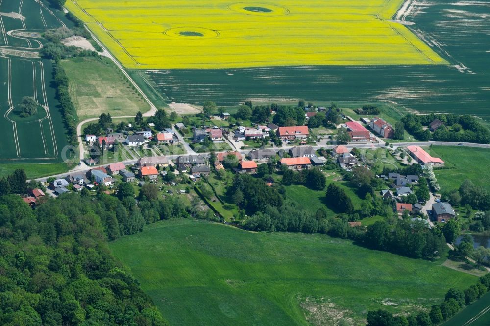 Rüting from the bird's eye view: Village - view on the edge of agricultural fields and farmland in Rueting in the state Mecklenburg - Western Pomerania, Germany