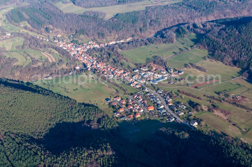 Rumbach from above - Village - view on the edge of agricultural fields and farmland in Rumbach in the state Rhineland-Palatinate, Germany