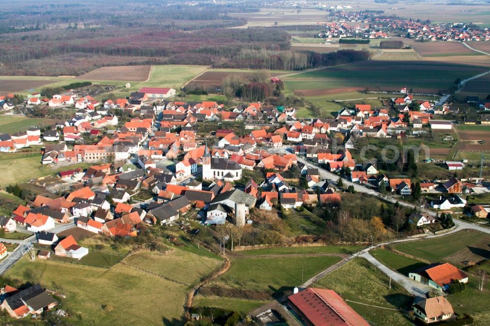 Salmbach from above - Village - view on the edge of agricultural fields and farmland in Salmbach in Grand Est, France