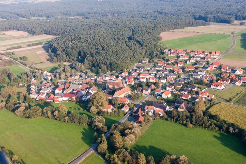 Schlüsselau from above - Village - view on the edge of agricultural fields and farmland in Schluesselau in the state Bavaria, Germany