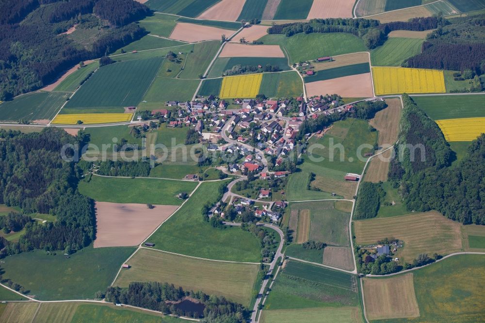 Schönenberg from above - Village - view on the edge of agricultural fields and farmland in Schoenenberg in the state Bavaria, Germany