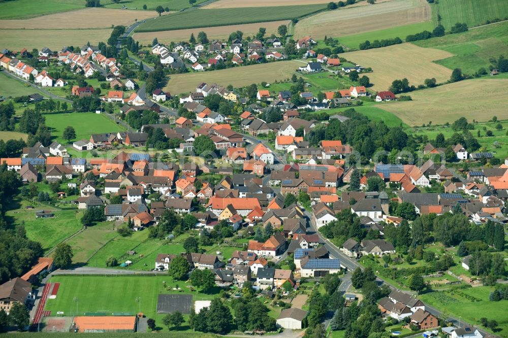 Schoningen from above - Village - view on the edge of agricultural fields and farmland in Schoningen in the state Lower Saxony, Germany