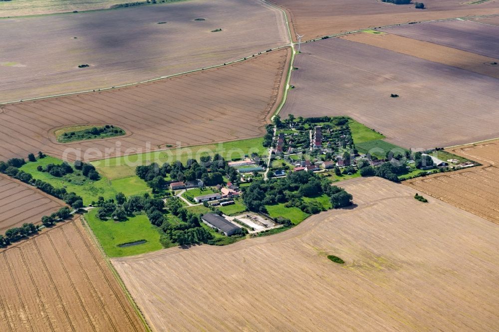 Schwarbe from above - Village - view on the edge of agricultural fields and farmland in Schwarbe in the state Mecklenburg - Western Pomerania, Germany