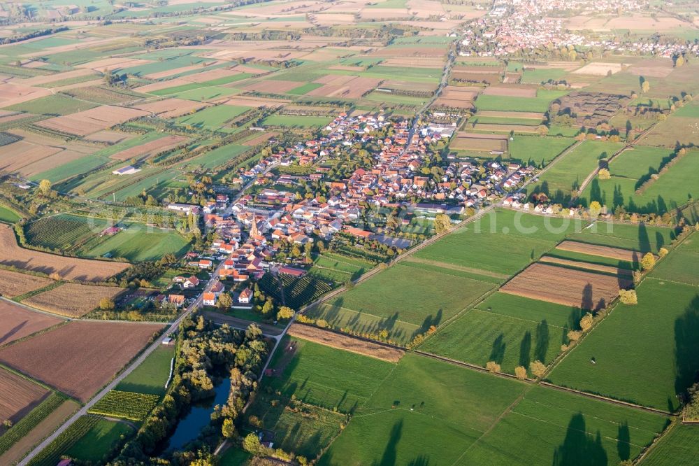 Schweighofen from above - Village - view on the edge of agricultural fields and farmland in Schweighofen in the state Rhineland-Palatinate, Germany