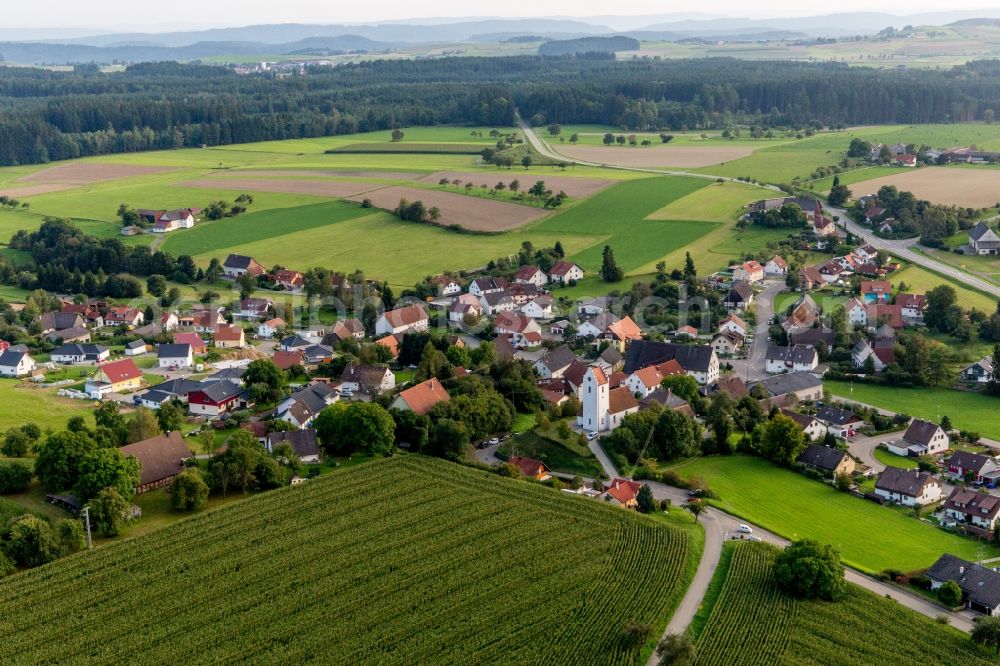 Sentenhart from above - Village - view on the edge of agricultural fields and farmland in Sentenhart in the state Baden-Wurttemberg, Germany