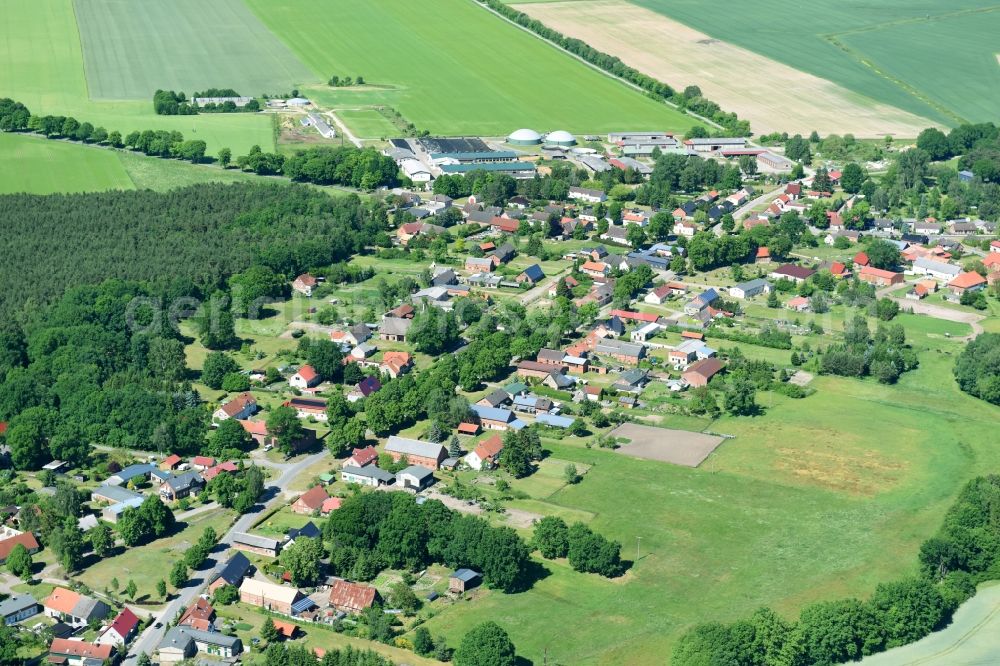 Siggelkow from above - Village - view on the edge of agricultural fields and farmland in Siggelkow in the state Mecklenburg - Western Pomerania, Germany