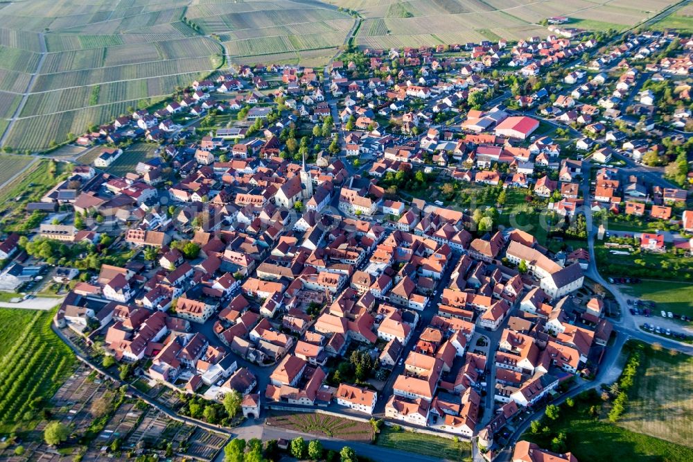 Aerial image Sommerach - Village - view on the edge of agricultural fields and farmland in Sommerach in the state Bavaria, Germany