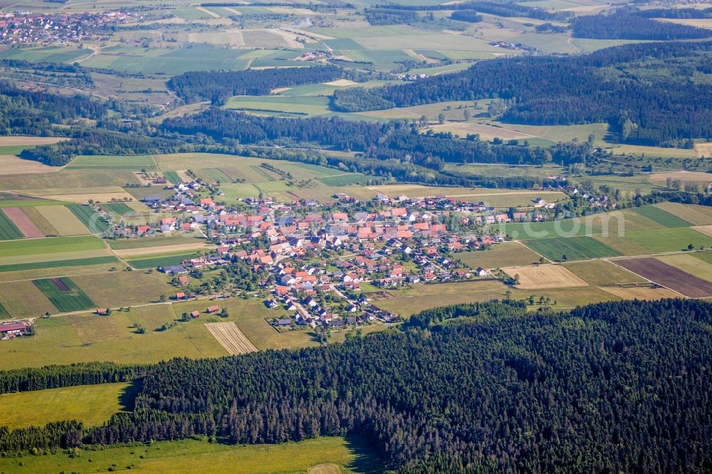 Aerial image Täbingen - Village - view on the edge of agricultural fields and farmland in Taebingen in the state Baden-Wurttemberg, Germany