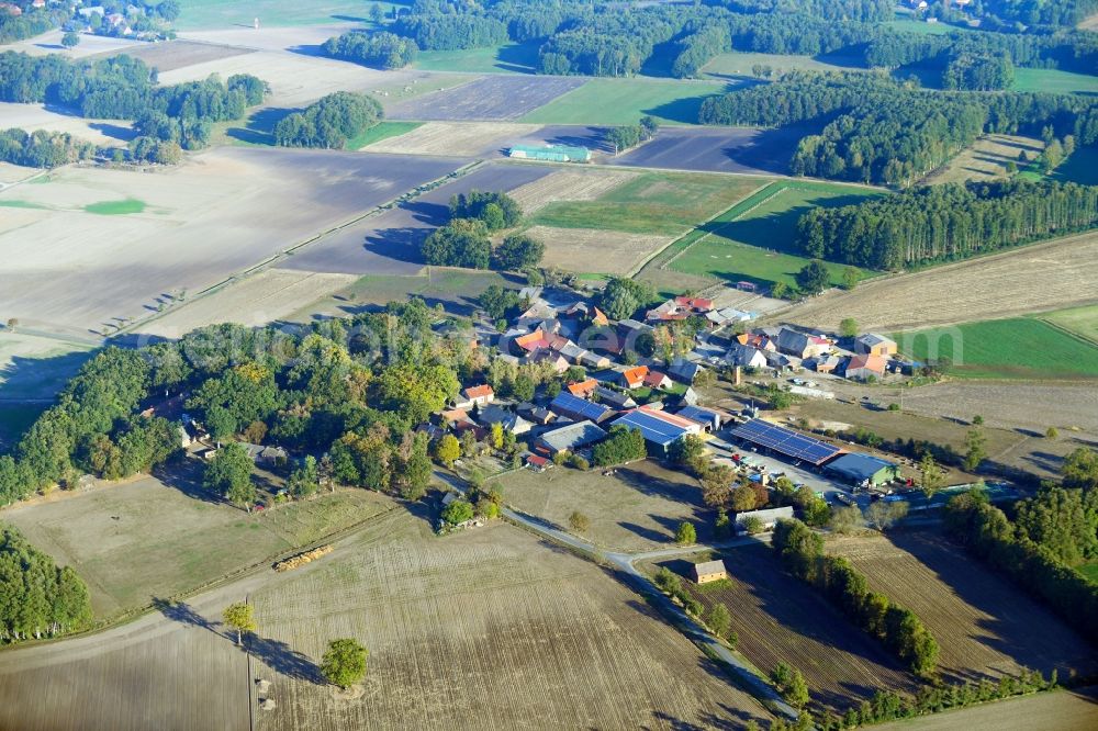 Teichlosen from the bird's eye view: Village - view on the edge of agricultural fields and farmland in Teichlosen in the state Lower Saxony, Germany