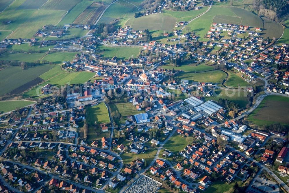 Triftern from above - Village - view on the edge of agricultural fields and farmland in Triftern in the state Bavaria, Germany