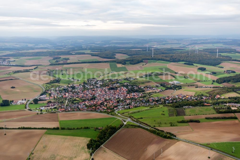 Uettingen from above - Village - view on the edge of agricultural fields and farmland in Uettingen in the state Bavaria, Germany