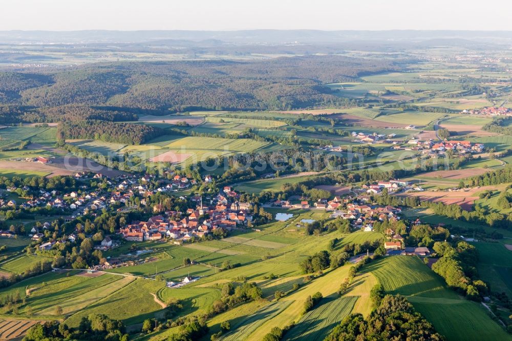 Untersteinach from above - Village - view on the edge of agricultural fields and farmland in Untersteinach in the state Bavaria, Germany