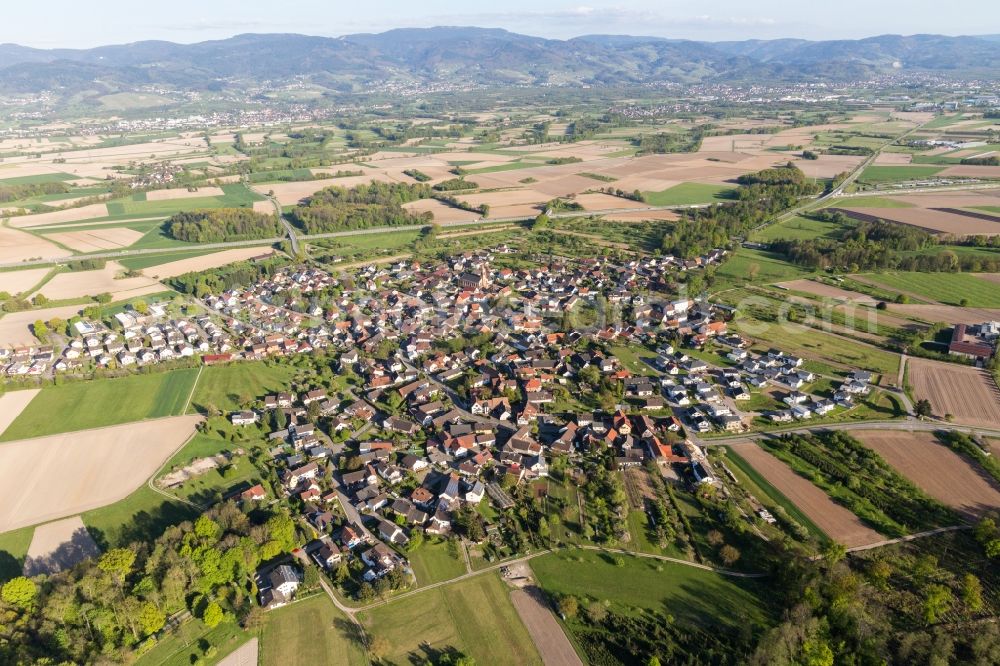 Unzhurst from above - Village - view on the edge of agricultural fields and farmland in Unzhurst in the state Baden-Wurttemberg, Germany