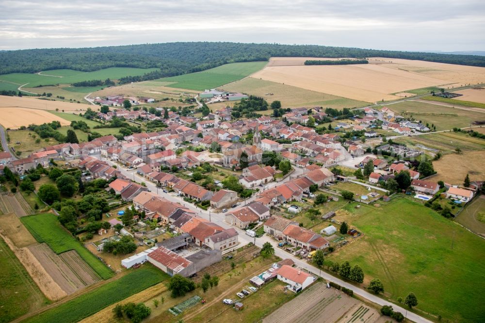 Aerial image Uruffe - Village - view on the edge of agricultural fields and farmland in Uruffe in Grand Est, France