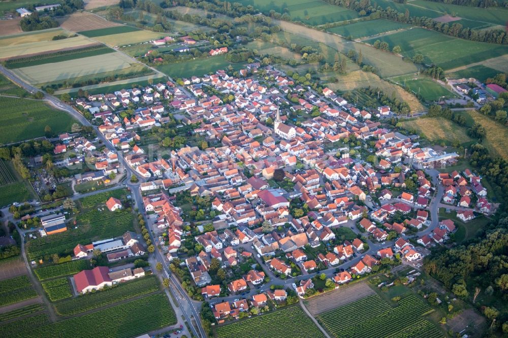 Venningen from the bird's eye view: Village - view on the edge of agricultural fields and farmland in Venningen in the state Rhineland-Palatinate, Germany