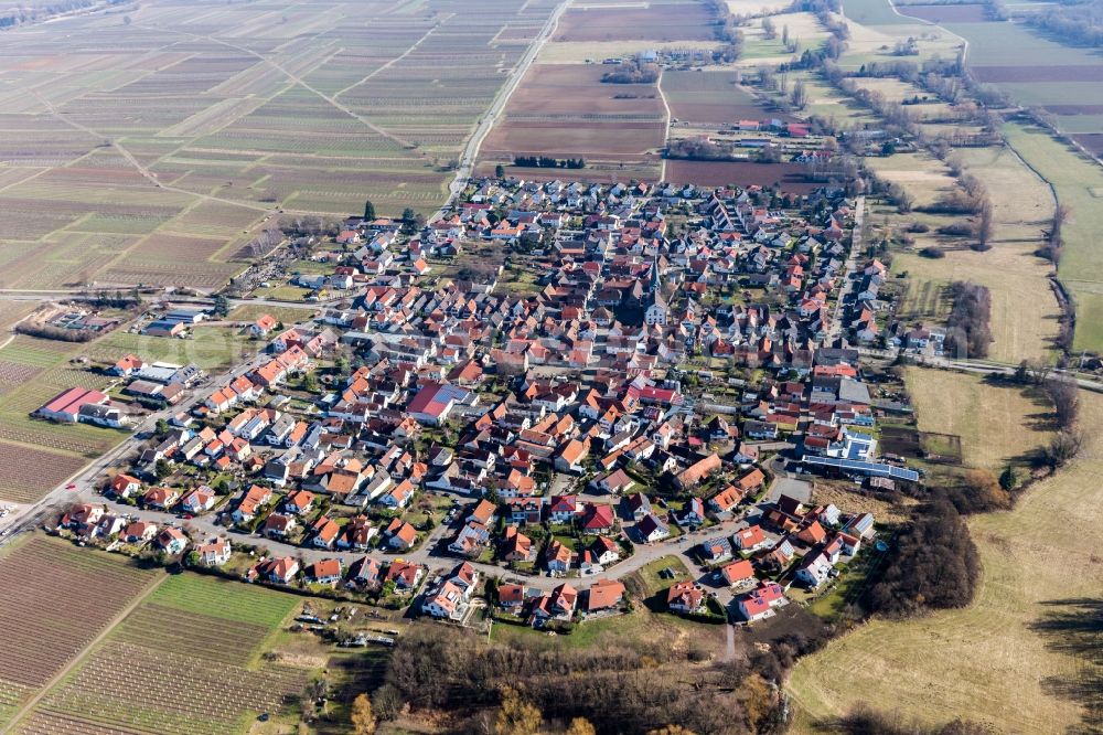 Venningen from above - Village - view on the edge of agricultural fields and farmland in Venningen in the state Rhineland-Palatinate, Germany