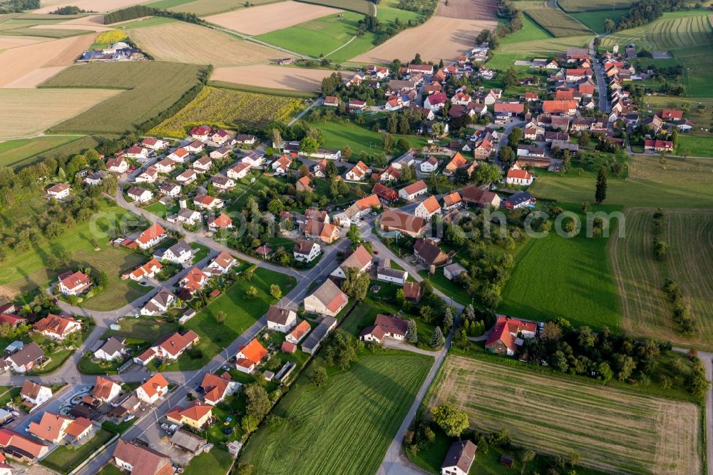 Aerial photograph Völlkofen - Village - view on the edge of agricultural fields and farmland in Voellkofen in the state Baden-Wurttemberg, Germany