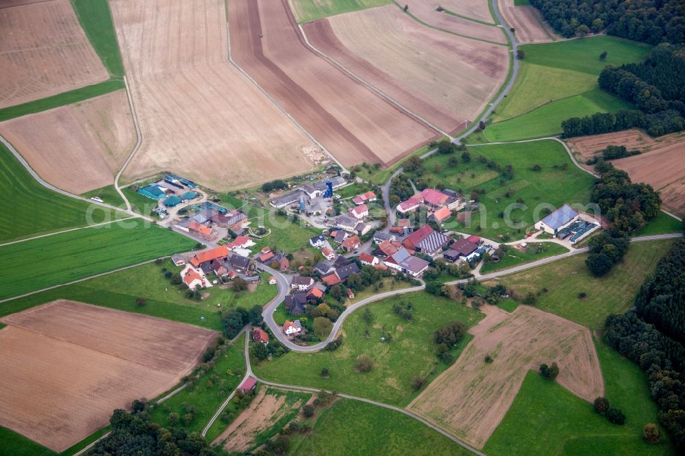 Vollmersdorf from above - Village - view on the edge of agricultural fields and farmland in Vollmersdorf in the state Baden-Wurttemberg, Germany