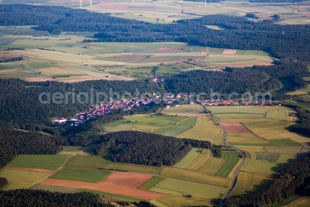 Waldstetten from above - Village - view on the edge of agricultural fields and farmland in Waldstetten in the state Baden-Wurttemberg, Germany