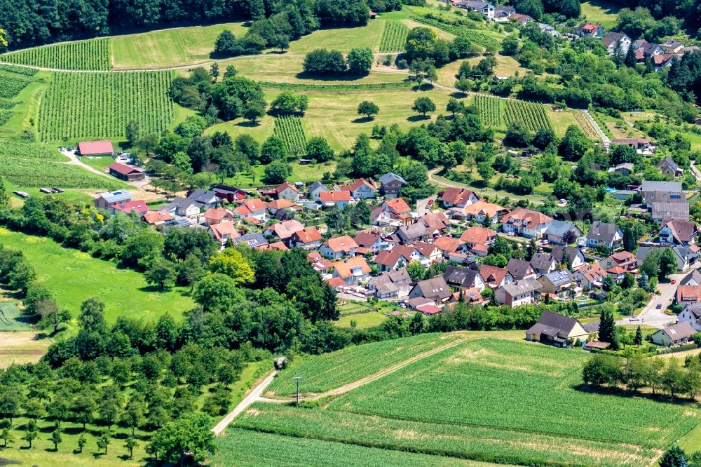 Wallburg from above - Village - view on the edge of agricultural fields and farmland in Wallburg in the state Baden-Wurttemberg, Germany