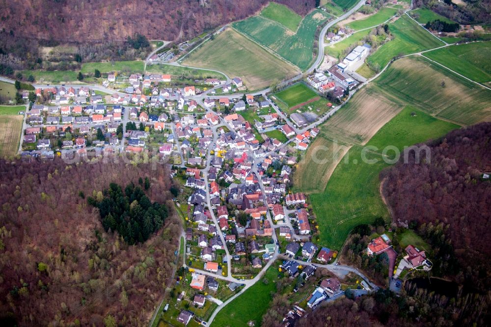 Aerial image Waschenbach - Village - view on the edge of agricultural fields and farmland in Waschenbach in the state Hesse, Germany