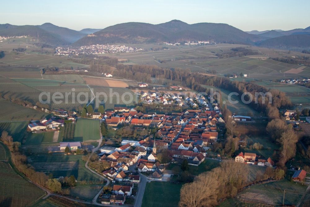 Heuchelheim-Klingen from above - Village - view on the edge of agricultural fields and wine yards in the district Klingen in Heuchelheim-Klingen in the state Rhineland-Palatinate, Germany