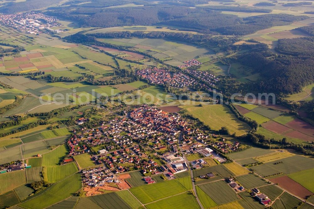 Aerial image Werbach - Village - view on the edge of agricultural fields and farmland in Werbach in the state Baden-Wurttemberg, Germany