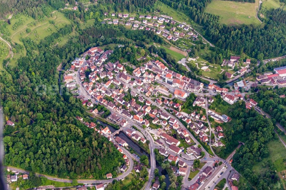 Wildberg from the bird's eye view: Village - view on the edge of agricultural fields and farmland in Wildberg in the state Baden-Wurttemberg, Germany