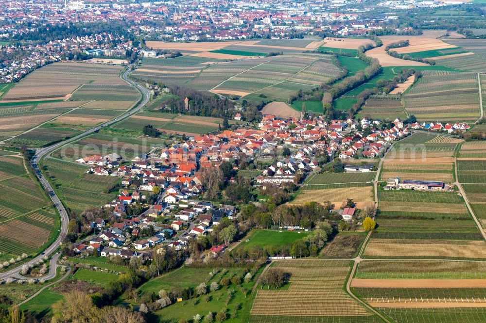 Aerial photograph Wollmesheim - Village - view on the edge of agricultural fields and farmland in Wollmesheim in the state Rhineland-Palatinate, Germany