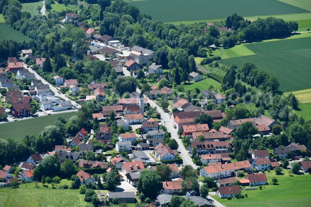 Wifling from the bird's eye view: Village - view on the edge of agricultural fields and farmland in Woerth in the state Bavaria, Germany