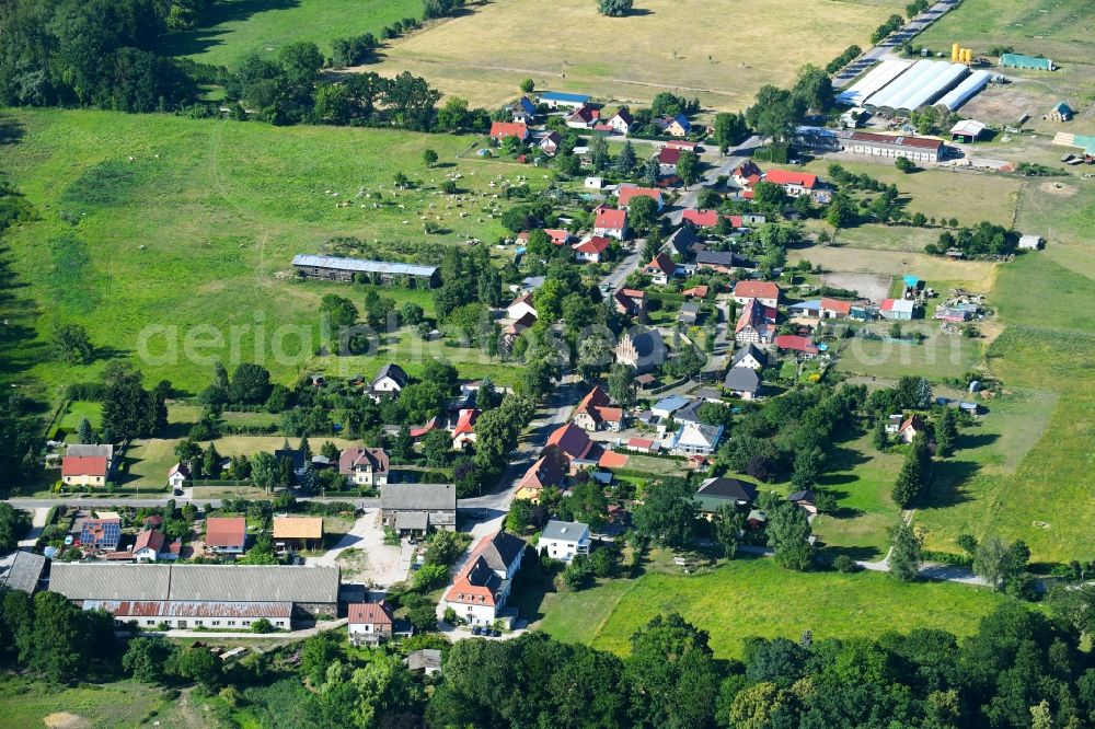 Zützen from the bird's eye view: Village - view on the edge of agricultural fields and farmland in Zuetzen in the state Brandenburg, Germany