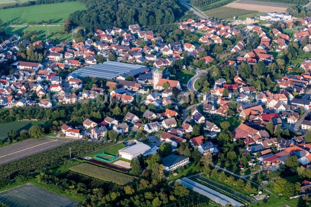 Zusenhofen from above - Village - view on the edge of agricultural fields and farmland in Zusenhofen in the state Baden-Wurttemberg, Germany