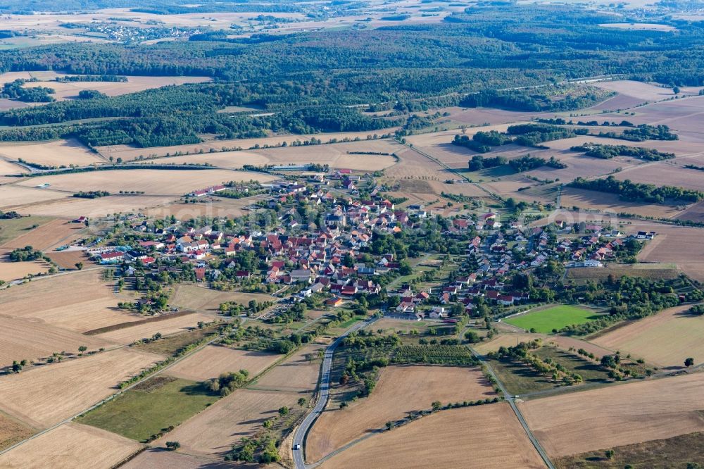 Berolzheim from above - Agricultural land and field borders surround the settlement area of the village in Berolzheim in the state Baden-Wurttemberg, Germany