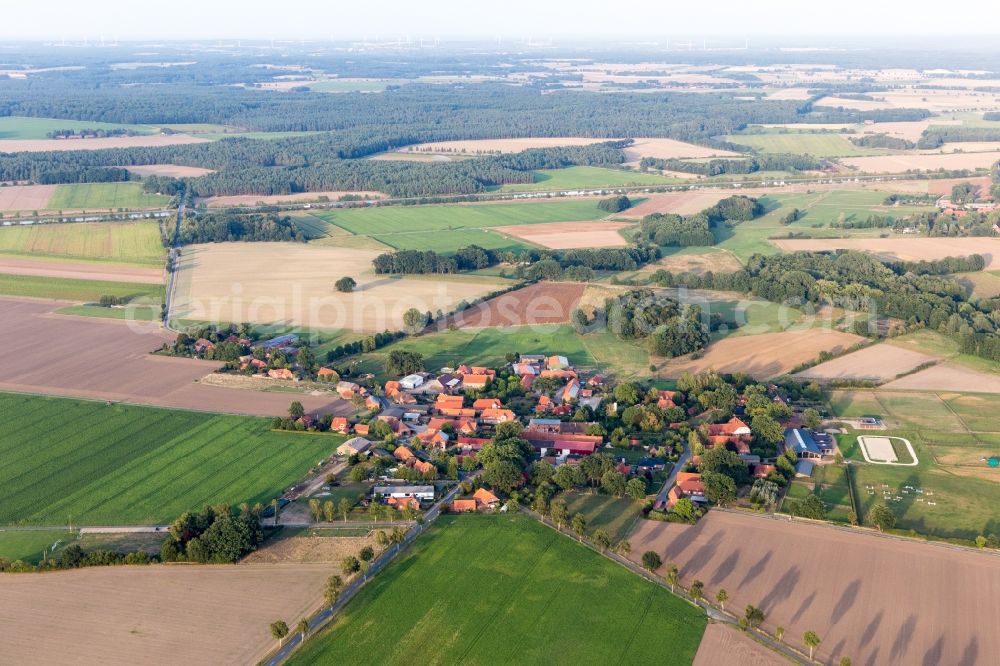 Bienenbüttel from above - Agricultural land and field borders surround the settlement area of the village in Bienenbuettel in the state Lower Saxony, Germany