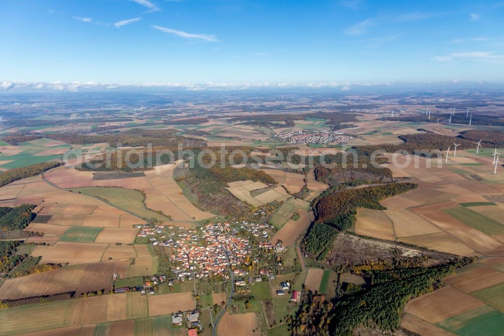 Aerial photograph Böttigheim - Agricultural land and field borders surround the settlement area of the village in Boettigheim in the state Bavaria, Germany