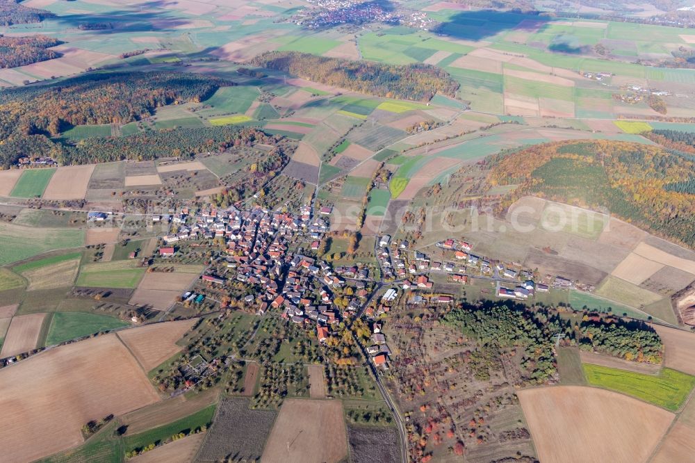 Eiersheim from above - Agricultural land and field borders surround the settlement area of the village in Eiersheim in the state Baden-Wurttemberg, Germany