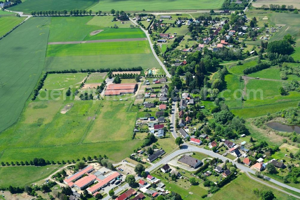 Friedrichsruhe from above - Agricultural land and field borders surround the settlement area of the village in Friedrichsruhe in the state Mecklenburg - Western Pomerania, Germany