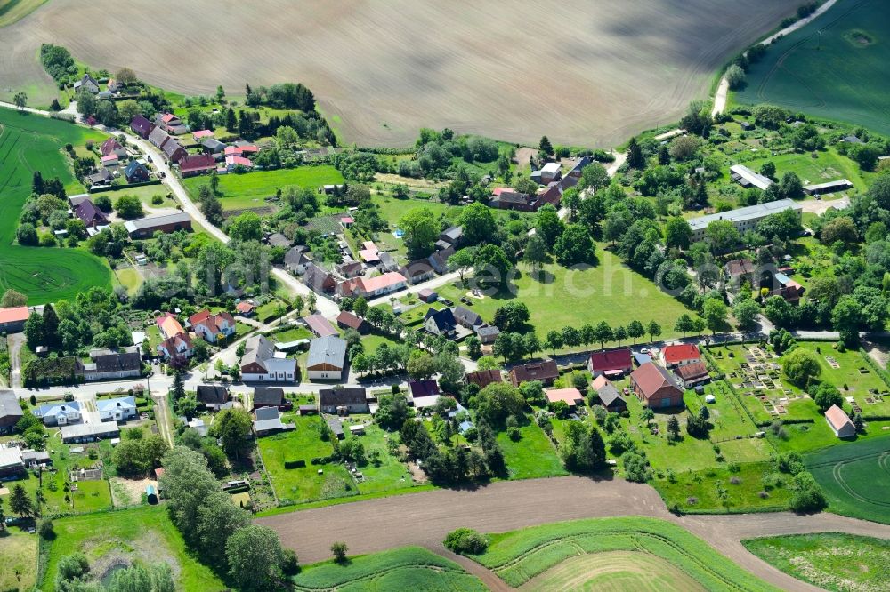 Granzin from the bird's eye view: Agricultural land and field borders surround the settlement area of the village in Granzin in the state Mecklenburg - Western Pomerania, Germany