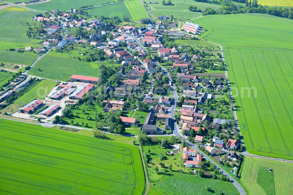 Aerial photograph Großdobritz - Agricultural land and field borders surround the settlement area of the village in Grossdobritz in the state Saxony, Germany