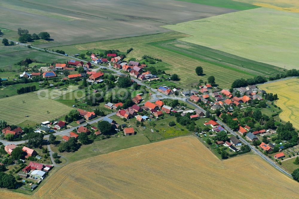 Loosen from above - Agricultural land and field borders surround the settlement area of the village in Loosen in the state Mecklenburg - Western Pomerania, Germany