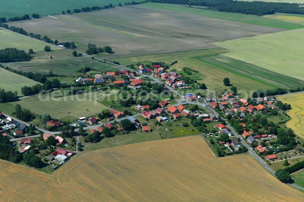 Loosen from the bird's eye view: Agricultural land and field borders surround the settlement area of the village in Loosen in the state Mecklenburg - Western Pomerania, Germany