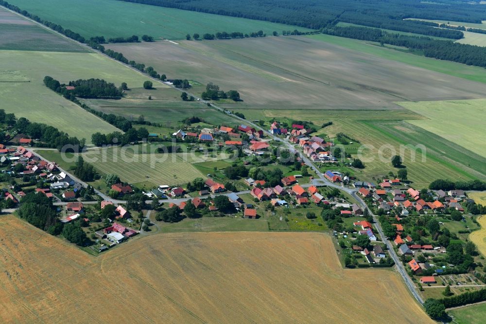 Aerial image Loosen - Agricultural land and field borders surround the settlement area of the village in Loosen in the state Mecklenburg - Western Pomerania, Germany