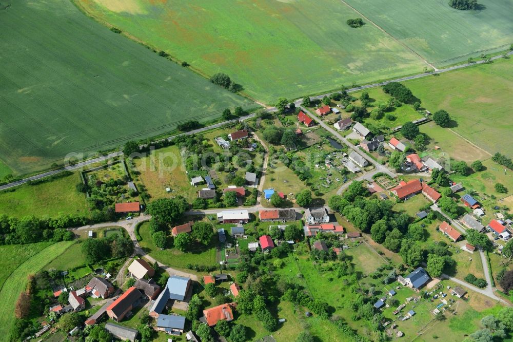 Aerial image Meierstorf - Agricultural land and field borders surround the settlement area of the village in Meierstorf in the state Mecklenburg - Western Pomerania, Germany