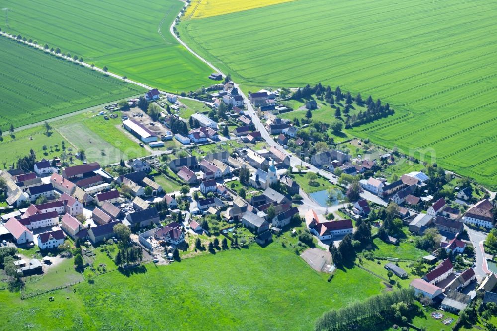 Meltewitz from the bird's eye view: Agricultural land and field borders surround the settlement area of the village in Meltewitz in the state Saxony, Germany