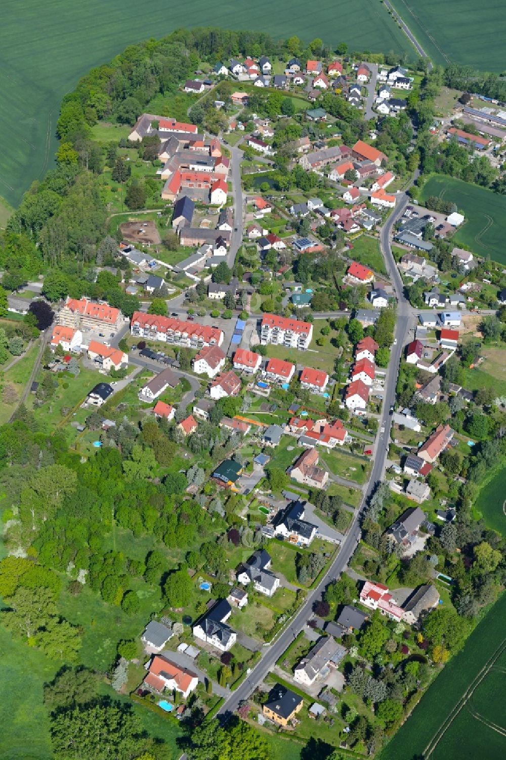 Merkwitz from the bird's eye view: Agricultural land and field borders surround the settlement area of the village in Merkwitz in the state Saxony, Germany