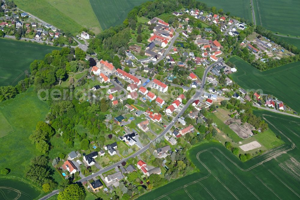 Aerial image Merkwitz - Agricultural land and field borders surround the settlement area of the village in Merkwitz in the state Saxony, Germany