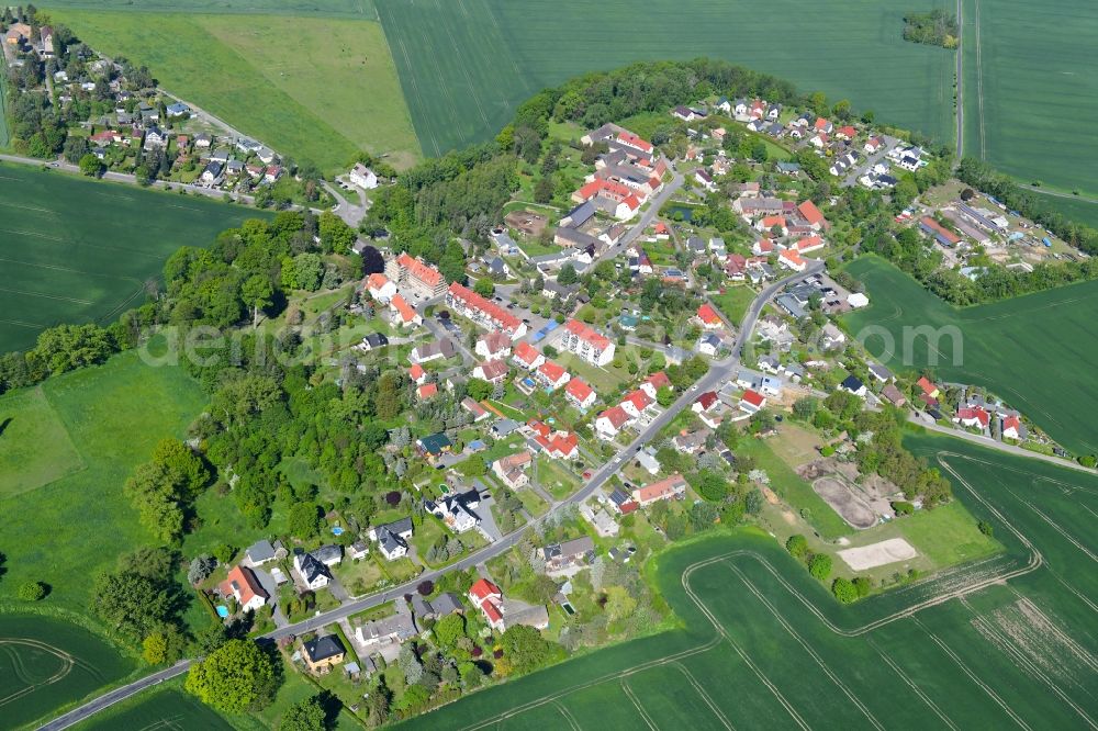 Aerial photograph Merkwitz - Agricultural land and field borders surround the settlement area of the village in Merkwitz in the state Saxony, Germany