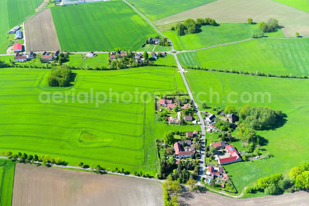 Cavertitz from the bird's eye view: Agricultural land and field borders surround the settlement area of the village in the district Lampertswalde in Cavertitz in the state Saxony, Germany